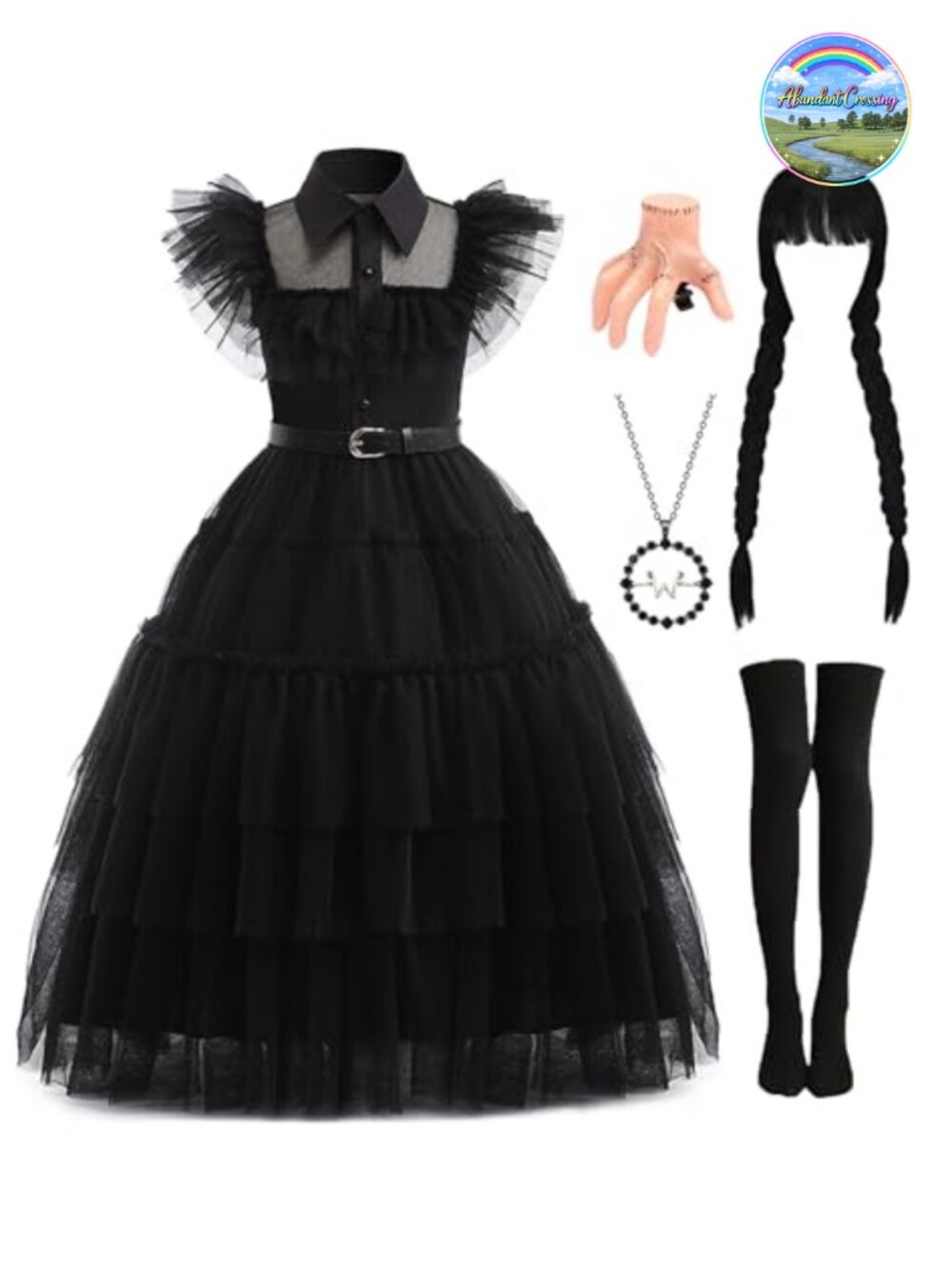 Gothic Long Dress with Necklace Belt Socks Wig Hairpin Set